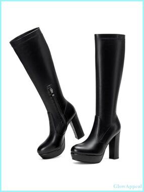 Women Knee High Stretch Boots Chunky Block Heel Side Zip Synthetic